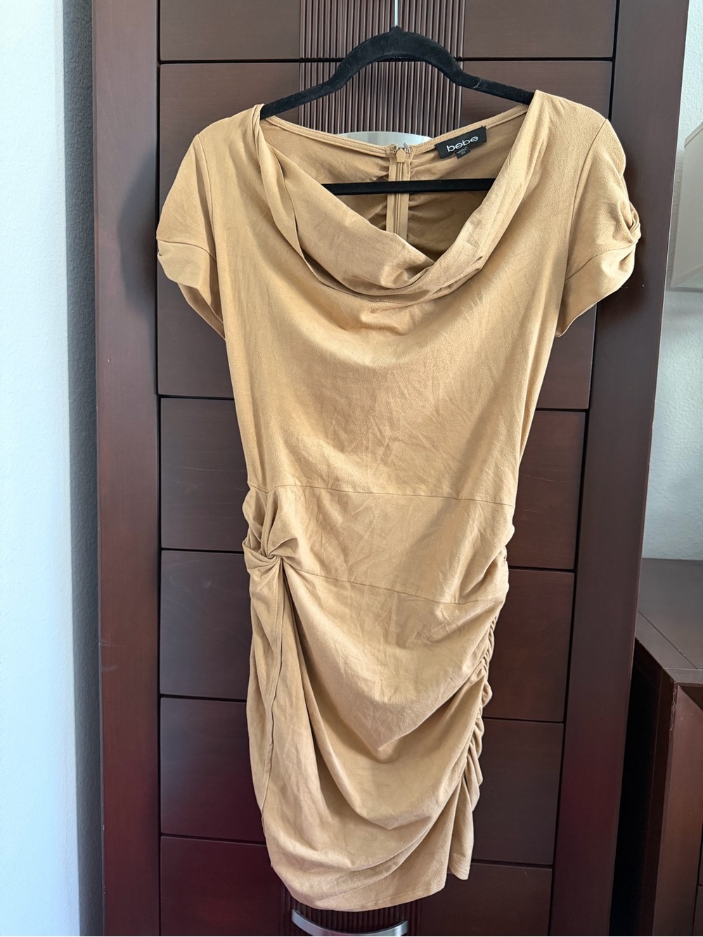 Bebe Draped Neck Ruched Sheath Dress in Camel